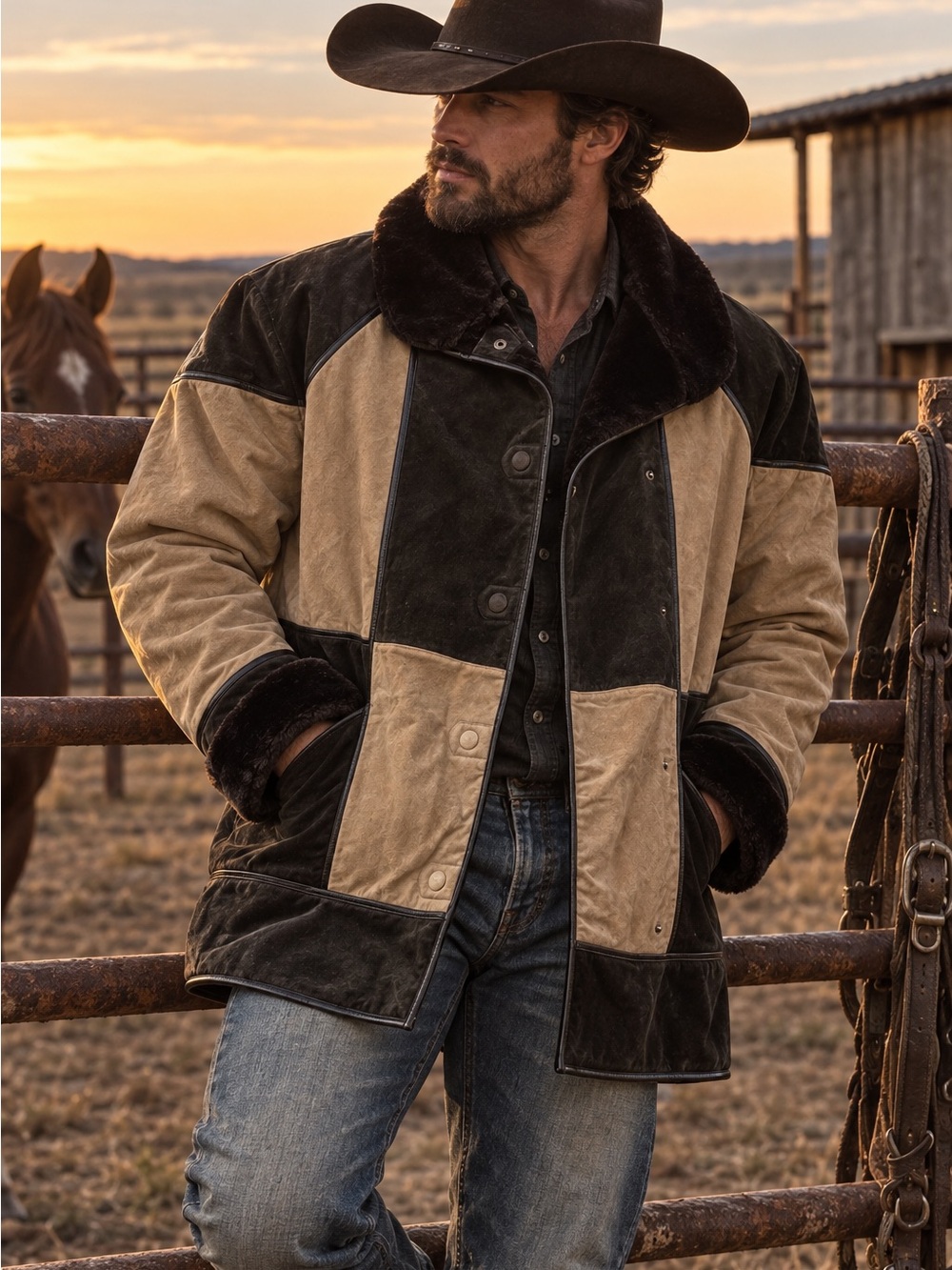 Vintage 90’s Adler Collection Genuine Leather Patchwork Western Coat Mens XL